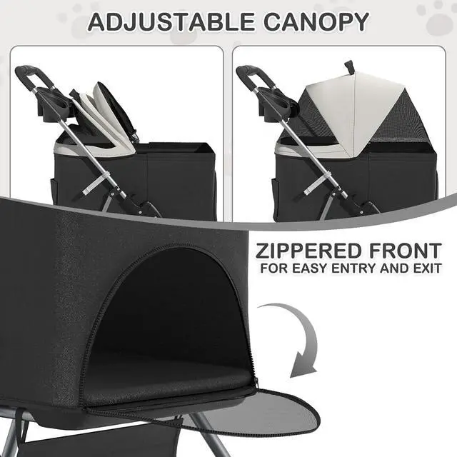 Alt view image 4 of 7 - 3 in 1 Foldable Pet Stroller for Small & Medium Dogs, Detachable Carrier, Car Seat, Push Button Entry, 4-Wheel Jogger for Pets up to 33 lbs, Black