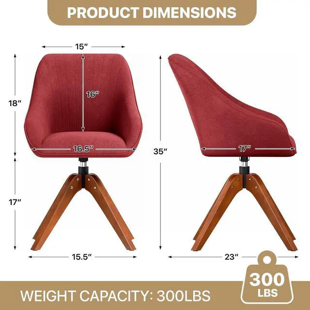 Alt view image 2 of 7 - Swivel Accent Chair, Mid Century Modern Armchair with Solid Wood Legs, Home Office Desk Chair No Wheels for Office, Living Room, Bedroom, Red