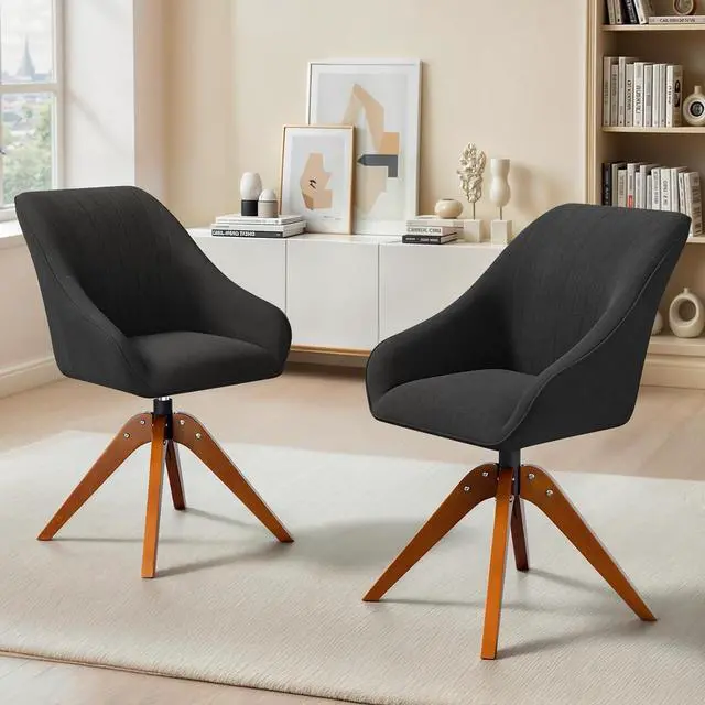 Main image of Swivel Accent Chair Set of 2, Mid Century Modern Armchair with Solid Wood Legs, Home Office Desk Chair No Wheels for Office, Living Room, Bedroom, Black
