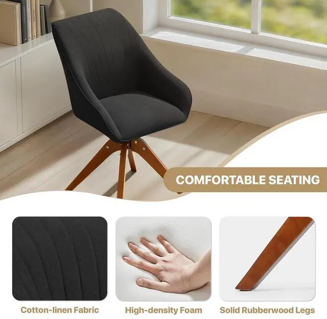 Alt view image 6 of 7 - Swivel Accent Chair Set of 2, Mid Century Modern Armchair with Solid Wood Legs, Home Office Desk Chair No Wheels for Office, Living Room, Bedroom, Black