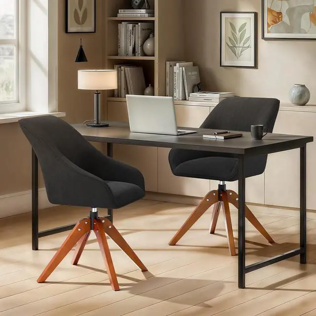 Alt view image 4 of 7 - Swivel Accent Chair Set of 2, Mid Century Modern Armchair with Solid Wood Legs, Home Office Desk Chair No Wheels for Office, Living Room, Bedroom, Black