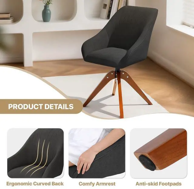 Alt view image 7 of 7 - Swivel Accent Chair Set of 2, Mid Century Modern Armchair with Solid Wood Legs, Home Office Desk Chair No Wheels for Office, Living Room, Bedroom, Black