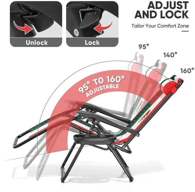 Alt view image 6 of 7 - Zero Gravity Lounge Chair Set of 2, 25" Wide Adjustable Folding Outdoor Recliner, 95160° Recline, 330LBS Capacity with Pillow and Cup Holder, Classic Tricolor Geometric Design