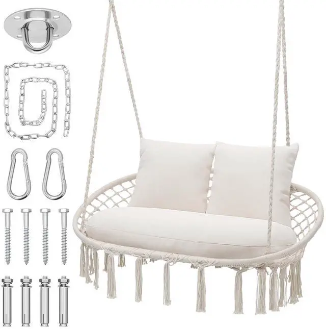 Main image of Double Swing Chair with 3 Cushions for Outside, Large Hanging Macrame Swing Chair for Indoor/Outdoor Relax, Adult Hammock Boho Chair Max 700 lbs Capacity for Porch Balcony Backyard, Beige