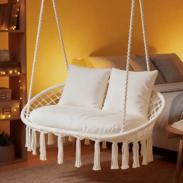 Alt view image 4 of 7 - Double Swing Chair with 3 Cushions for Outside, Large Hanging Macrame Swing Chair for Indoor/Outdoor Relax, Adult Hammock Boho Chair Max 700 lbs Capacity for Porch Balcony Backyard, Beige