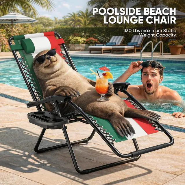 Alt view image 7 of 7 - Zero Gravity Lounge Chair, 25" Wide Adjustable Folding Outdoor Recliner, 95160° Recline, 330LBS Capacity with Pillow and Cup Holder, Classic Tricolor Geometric Design
