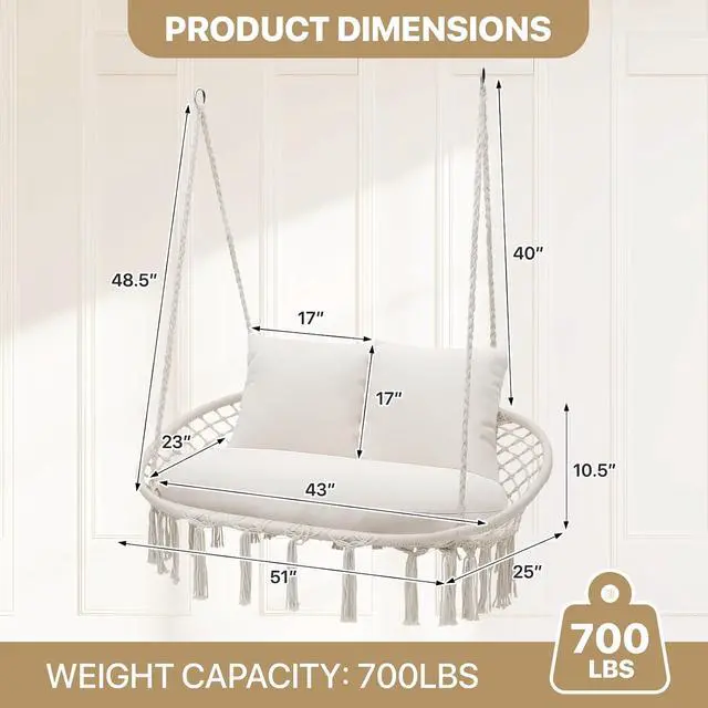 Alt view image 2 of 7 - Double Swing Chair with 3 Cushions for Outside, Large Hanging Macrame Swing Chair for Indoor/Outdoor Relax, Adult Hammock Boho Chair Max 700 lbs Capacity for Porch Balcony Backyard, Beige