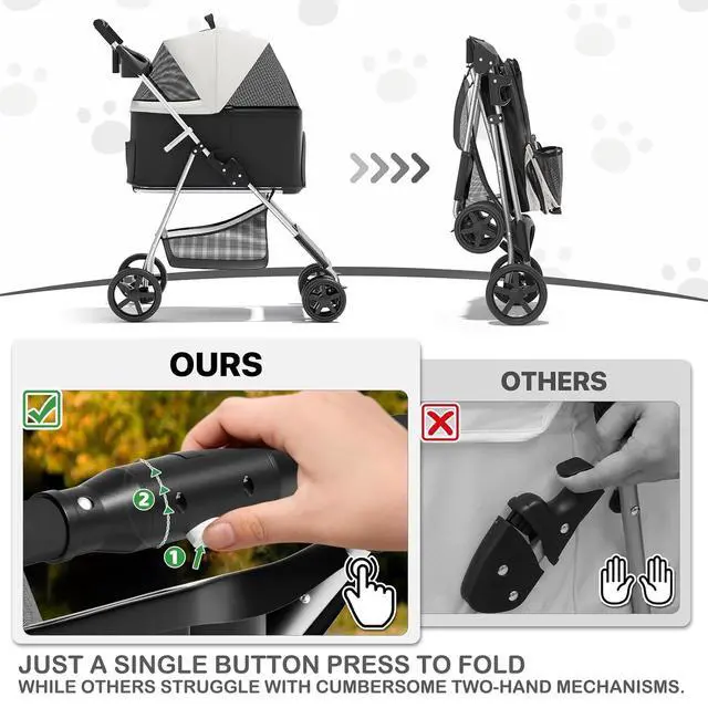 Alt view image 6 of 7 - 3 in 1 Foldable Pet Stroller for Small & Medium Dogs, Detachable Carrier, Car Seat, Push Button Entry, 4-Wheel Jogger for Pets up to 33 lbs, Black