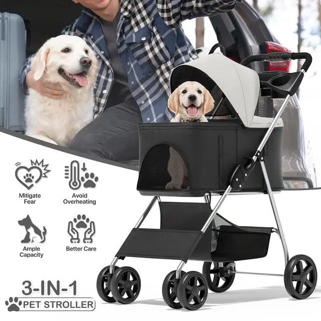 Alt view image 7 of 7 - 3 in 1 Foldable Pet Stroller for Small & Medium Dogs, Detachable Carrier, Car Seat, Push Button Entry, 4-Wheel Jogger for Pets up to 33 lbs, Black