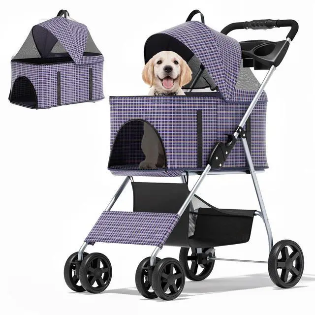 Main image of 3 in 1 Foldable Pet Stroller for Small & Medium Dogs, Detachable Carrier, Car Seat, Push Button Entry, 4-Wheel Jogger for Pets up to 33 lbs, Plaid