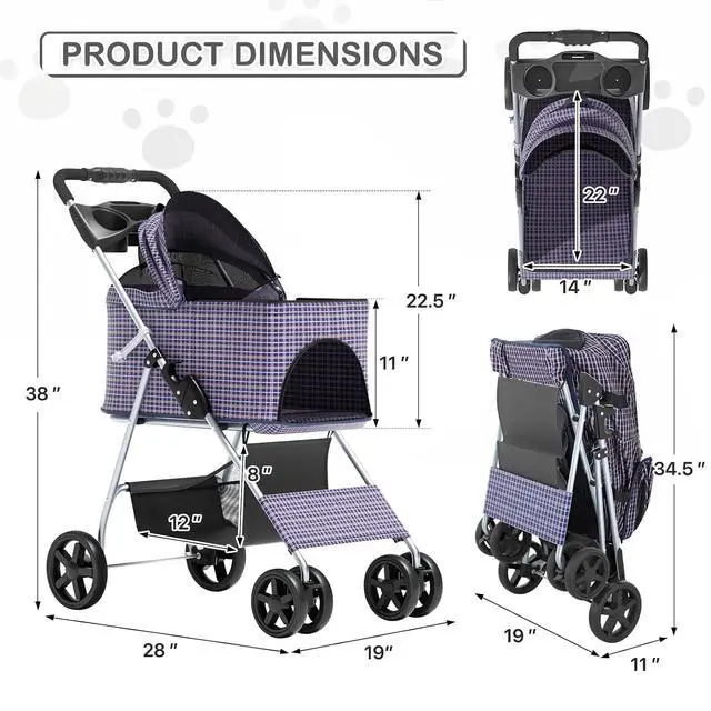 Alt view image 3 of 7 - 3 in 1 Foldable Pet Stroller for Small & Medium Dogs, Detachable Carrier, Car Seat, Push Button Entry, 4-Wheel Jogger for Pets up to 33 lbs, Plaid