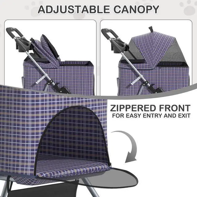 Alt view image 4 of 7 - 3 in 1 Foldable Pet Stroller for Small & Medium Dogs, Detachable Carrier, Car Seat, Push Button Entry, 4-Wheel Jogger for Pets up to 33 lbs, Plaid