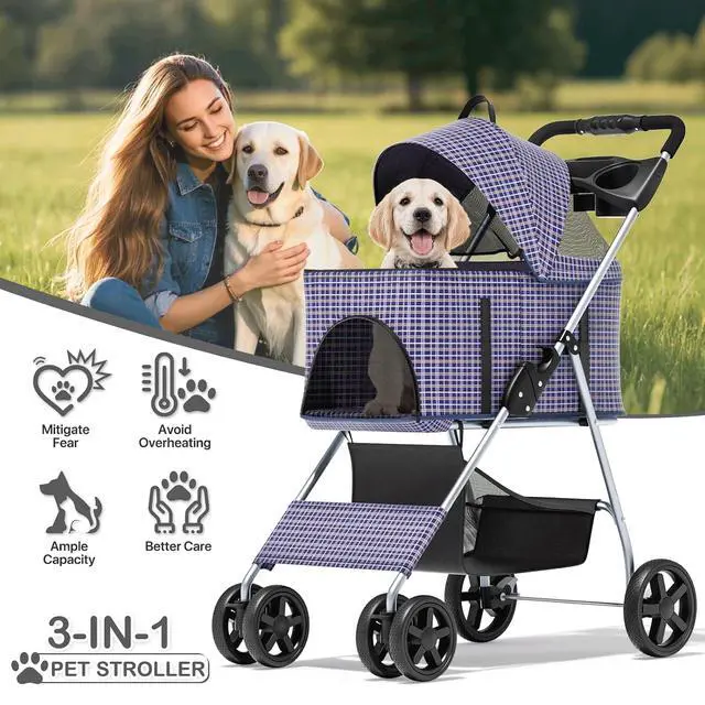 Alt view image 2 of 7 - 3 in 1 Foldable Pet Stroller for Small & Medium Dogs, Detachable Carrier, Car Seat, Push Button Entry, 4-Wheel Jogger for Pets up to 33 lbs, Plaid