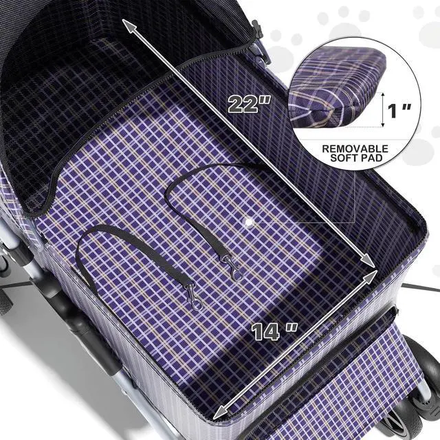 Alt view image 5 of 7 - 3 in 1 Foldable Pet Stroller for Small & Medium Dogs, Detachable Carrier, Car Seat, Push Button Entry, 4-Wheel Jogger for Pets up to 33 lbs, Plaid