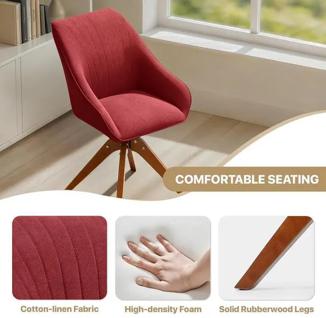 Alt view image 6 of 7 - Swivel Accent Chair, Mid Century Modern Armchair with Solid Wood Legs, Home Office Desk Chair No Wheels for Office, Living Room, Bedroom, Red