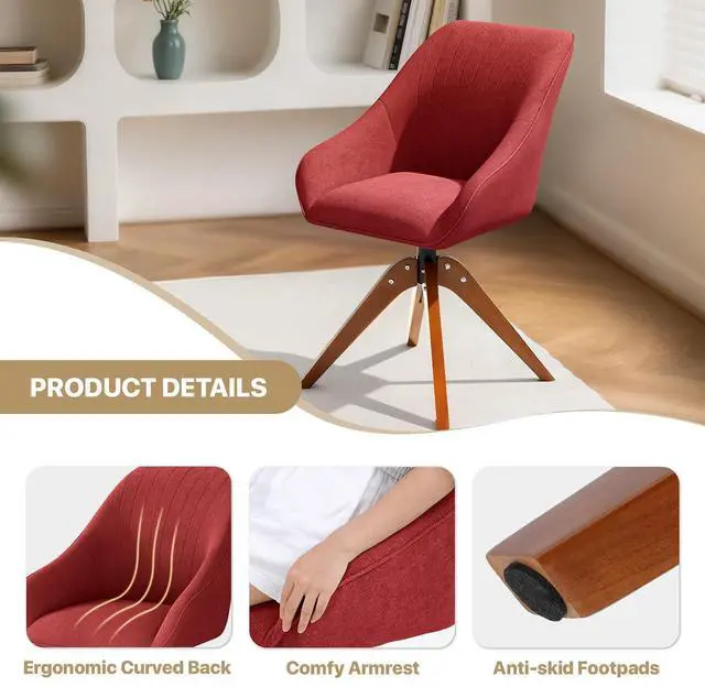 Alt view image 7 of 7 - Swivel Accent Chair, Mid Century Modern Armchair with Solid Wood Legs, Home Office Desk Chair No Wheels for Office, Living Room, Bedroom, Red