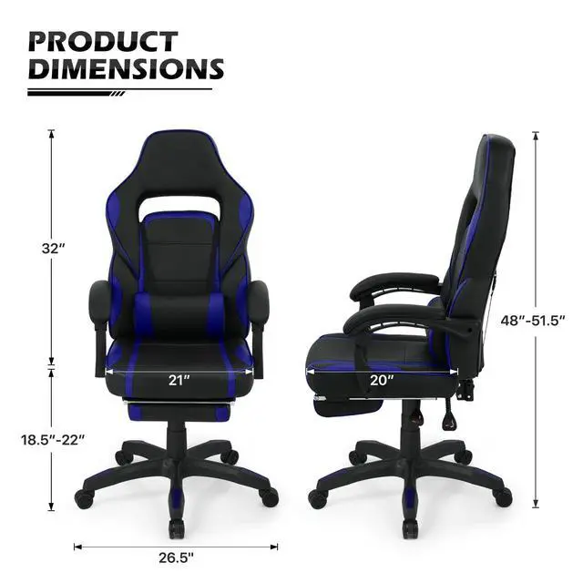 Alt view image 3 of 7 - Racing Style Gaming Chair with Extendable Footrest Reclining Back & Padded Armrests, 360 Degree Swivel High Back PC Computer Desk Office Chair Adjustable Heigh for Home Office, Blue