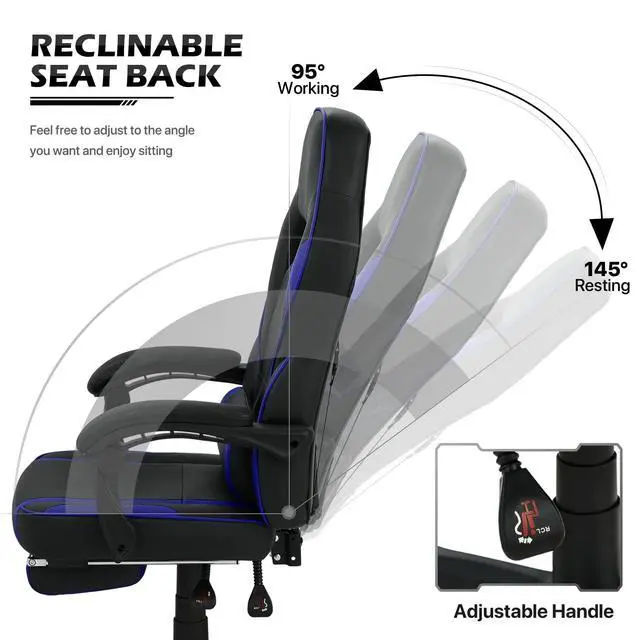 Alt view image 5 of 7 - Racing Style Gaming Chair with Extendable Footrest Reclining Back & Padded Armrests, 360 Degree Swivel High Back PC Computer Desk Office Chair Adjustable Heigh for Home Office, Blue