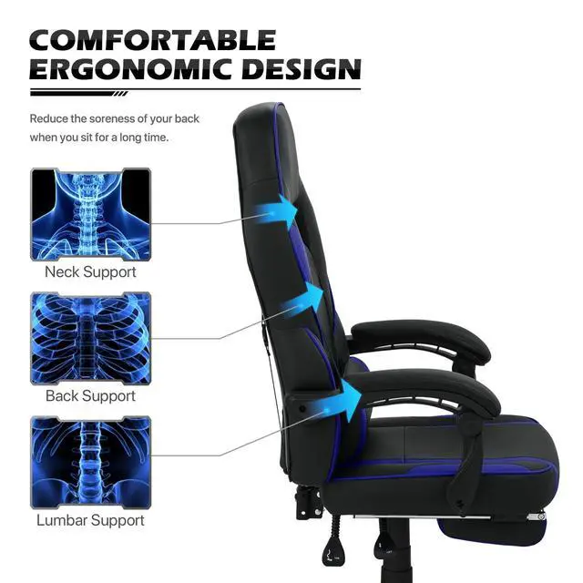 Alt view image 4 of 7 - Racing Style Gaming Chair with Extendable Footrest Reclining Back & Padded Armrests, 360 Degree Swivel High Back PC Computer Desk Office Chair Adjustable Heigh for Home Office, Blue