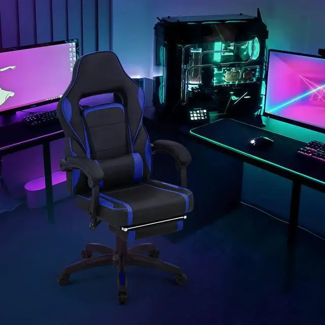 Alt view image 2 of 7 - Racing Style Gaming Chair with Extendable Footrest Reclining Back & Padded Armrests, 360 Degree Swivel High Back PC Computer Desk Office Chair Adjustable Heigh for Home Office, Blue