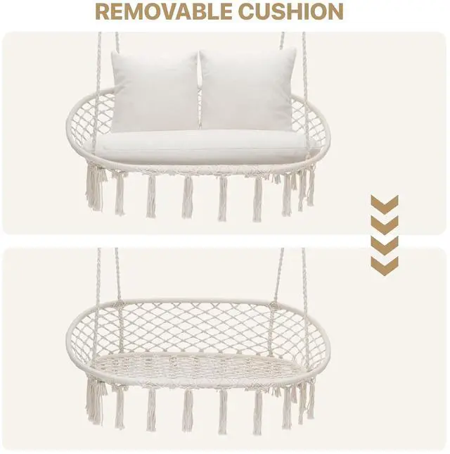 Alt view image 7 of 7 - Double Swing Chair with 3 Cushions for Outside, Large Hanging Macrame Swing Chair for Indoor/Outdoor Relax, Adult Hammock Boho Chair Max 700 lbs Capacity for Porch Balcony Backyard, Beige