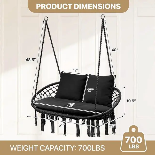 Alt view image 2 of 7 - 2 Seat Hammock Chair Hanging Macrame Swing 3 Cushions Included, Indoor/Outdoor Boho Chair for Adults, Max 700 lbs Capacity Patio Hanging Chair Porch Hammock Chair Hanging Rope Swing, Black