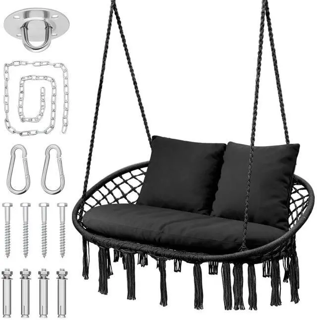 Main image of 2 Seat Hammock Chair Hanging Macrame Swing 3 Cushions Included, Indoor/Outdoor Boho Chair for Adults, Max 700 lbs Capacity Patio Hanging Chair Porch Hammock Chair Hanging Rope Swing, Black