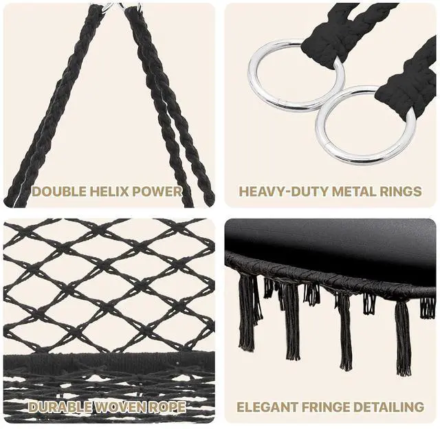 Alt view image 5 of 7 - 2 Seat Hammock Chair Hanging Macrame Swing 3 Cushions Included, Indoor/Outdoor Boho Chair for Adults, Max 700 lbs Capacity Patio Hanging Chair Porch Hammock Chair Hanging Rope Swing, Black