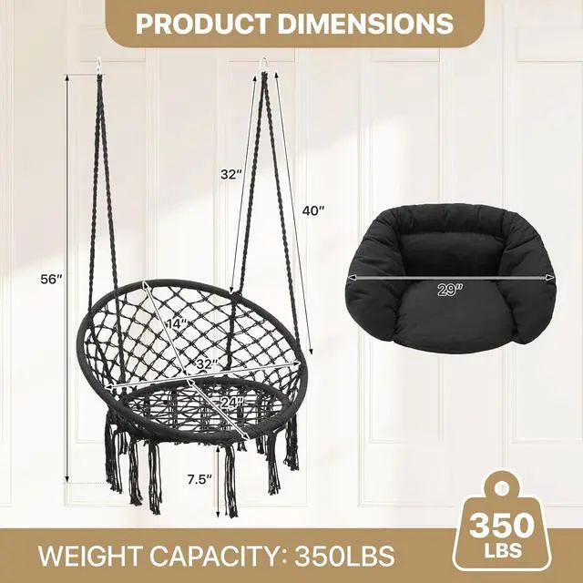 Alt view image 2 of 7 - Hanging Hammock Chair W/Large Padded Cushion, Macrame Swing Chair for Porch, Max 350 Lbs Capacity Hanging Swing for Adults & Teens, Comfy Hammock for Bedroom Relaxing Reading Napping, Black