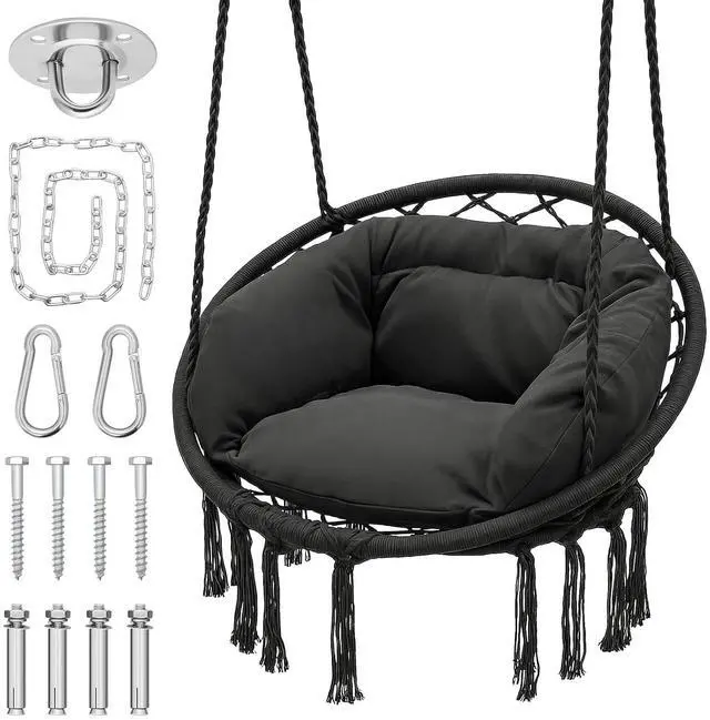 Main image of Hanging Hammock Chair W/Large Padded Cushion, Macrame Swing Chair for Porch, Max 350 Lbs Capacity Hanging Swing for Adults & Teens, Comfy Hammock for Bedroom Relaxing Reading Napping, Black