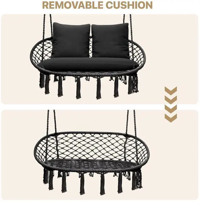 Alt view image 6 of 7 - 2 Seat Hammock Chair Hanging Macrame Swing 3 Cushions Included, Indoor/Outdoor Boho Chair for Adults, Max 700 lbs Capacity Patio Hanging Chair Porch Hammock Chair Hanging Rope Swing, Black