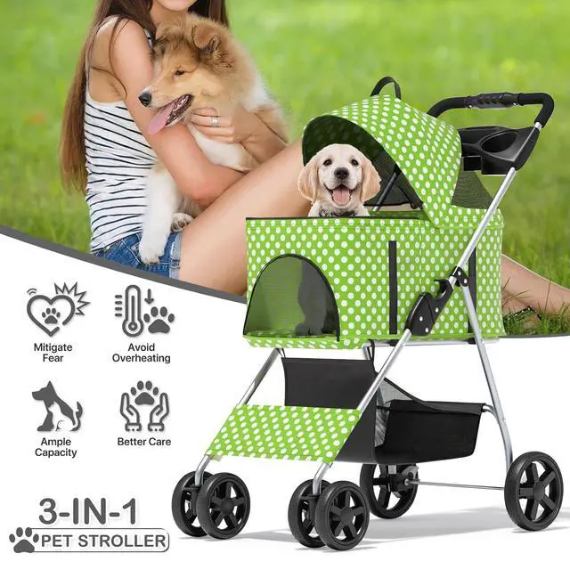 Alt view image 2 of 7 - 3 in 1 Foldable Pet Stroller for Small & Medium Dogs, Detachable Carrier, Car Seat, Push Button Entry, 4-Wheel Jogger for Pets up to 33 lbs, Lawn Green Polka Dots