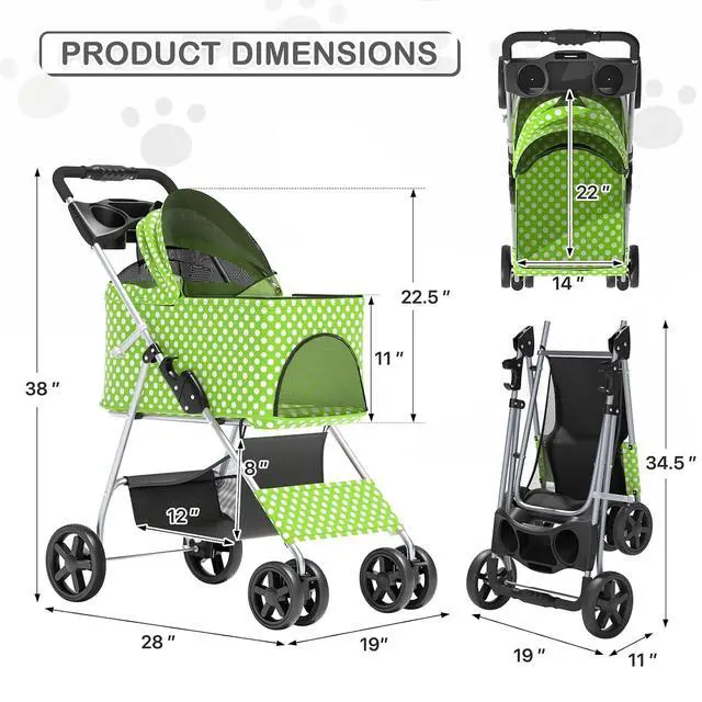 Alt view image 3 of 7 - 3 in 1 Foldable Pet Stroller for Small & Medium Dogs, Detachable Carrier, Car Seat, Push Button Entry, 4-Wheel Jogger for Pets up to 33 lbs, Lawn Green Polka Dots