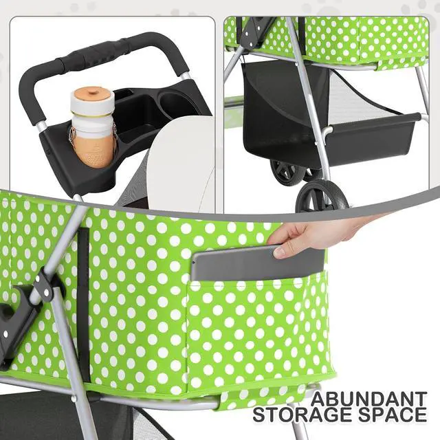 Alt view image 4 of 7 - 3 in 1 Foldable Pet Stroller for Small & Medium Dogs, Detachable Carrier, Car Seat, Push Button Entry, 4-Wheel Jogger for Pets up to 33 lbs, Lawn Green Polka Dots