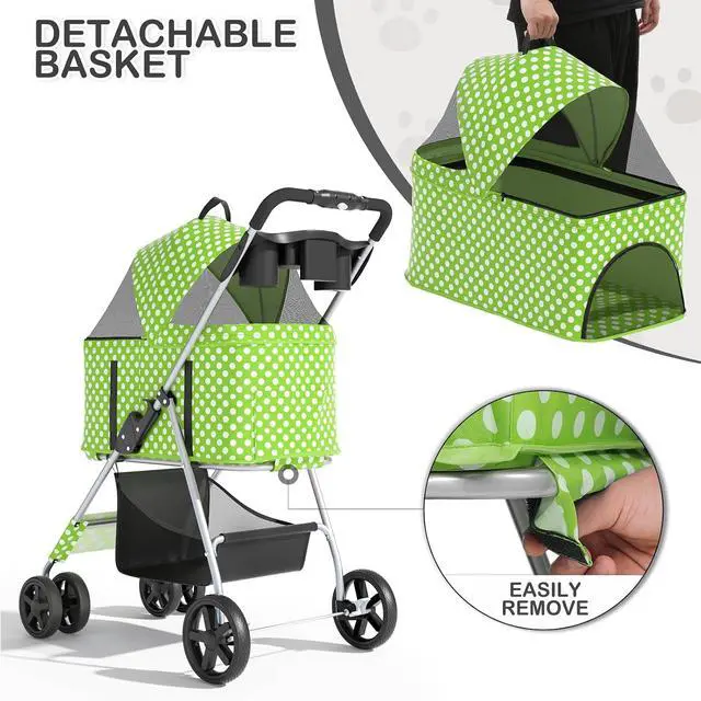 Alt view image 5 of 7 - 3 in 1 Foldable Pet Stroller for Small & Medium Dogs, Detachable Carrier, Car Seat, Push Button Entry, 4-Wheel Jogger for Pets up to 33 lbs, Lawn Green Polka Dots