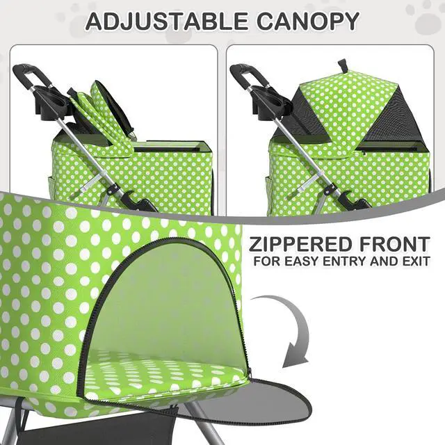Alt view image 6 of 7 - 3 in 1 Foldable Pet Stroller for Small & Medium Dogs, Detachable Carrier, Car Seat, Push Button Entry, 4-Wheel Jogger for Pets up to 33 lbs, Lawn Green Polka Dots