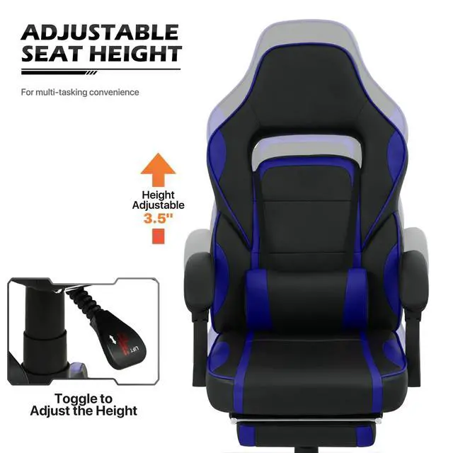 Alt view image 6 of 7 - Racing Style Gaming Chair with Extendable Footrest Reclining Back & Padded Armrests, 360 Degree Swivel High Back PC Computer Desk Office Chair Adjustable Heigh for Home Office, Blue