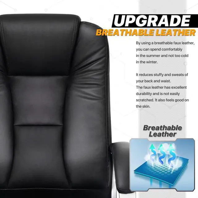 Alt view image 4 of 7 - Executive Office Chair, High Back PU Leather Ergonomic Computer Chair with Lumbar Support and Padded Armrest for Adults, 300 lbs Capacity, Black