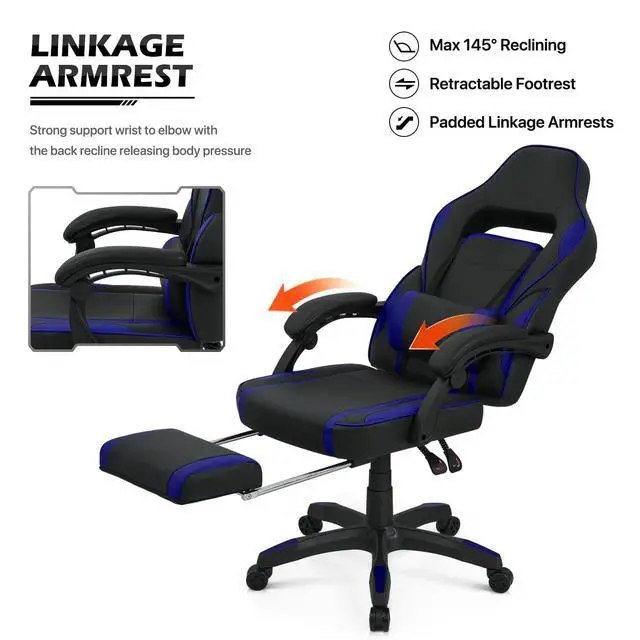 Alt view image 7 of 7 - Racing Style Gaming Chair with Extendable Footrest Reclining Back & Padded Armrests, 360 Degree Swivel High Back PC Computer Desk Office Chair Adjustable Heigh for Home Office, Blue