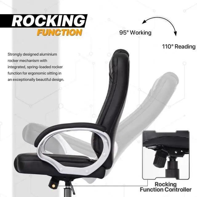 Alt view image 5 of 7 - Executive Office Chair, High Back PU Leather Ergonomic Computer Chair with Lumbar Support and Padded Armrest for Adults, 300 lbs Capacity, Black