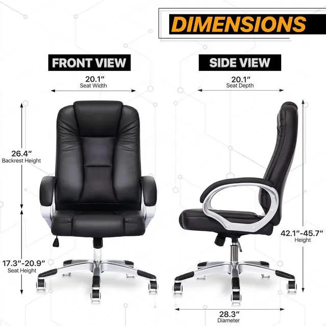 Alt view image 3 of 7 - Executive Office Chair, High Back PU Leather Ergonomic Computer Chair with Lumbar Support and Padded Armrest for Adults, 300 lbs Capacity, Black