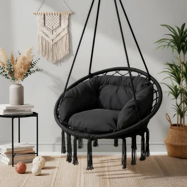 Alt view image 3 of 7 - Hanging Hammock Chair W/Large Padded Cushion, Macrame Swing Chair for Porch, Max 350 Lbs Capacity Hanging Swing for Adults & Teens, Comfy Hammock for Bedroom Relaxing Reading Napping, Black
