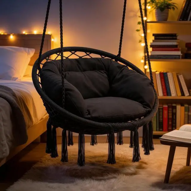 Alt view image 7 of 7 - Hanging Hammock Chair W/Large Padded Cushion, Macrame Swing Chair for Porch, Max 350 Lbs Capacity Hanging Swing for Adults & Teens, Comfy Hammock for Bedroom Relaxing Reading Napping, Black
