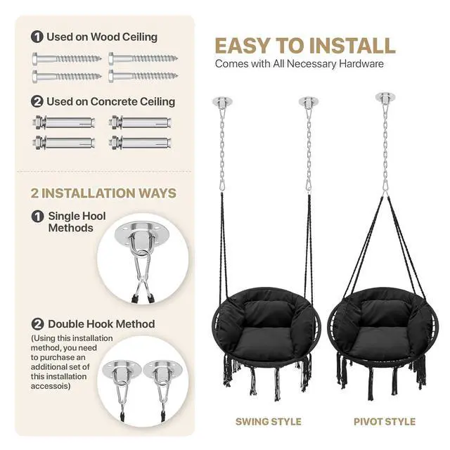 Alt view image 6 of 7 - Hanging Hammock Chair W/Large Padded Cushion, Macrame Swing Chair for Porch, Max 350 Lbs Capacity Hanging Swing for Adults & Teens, Comfy Hammock for Bedroom Relaxing Reading Napping, Black