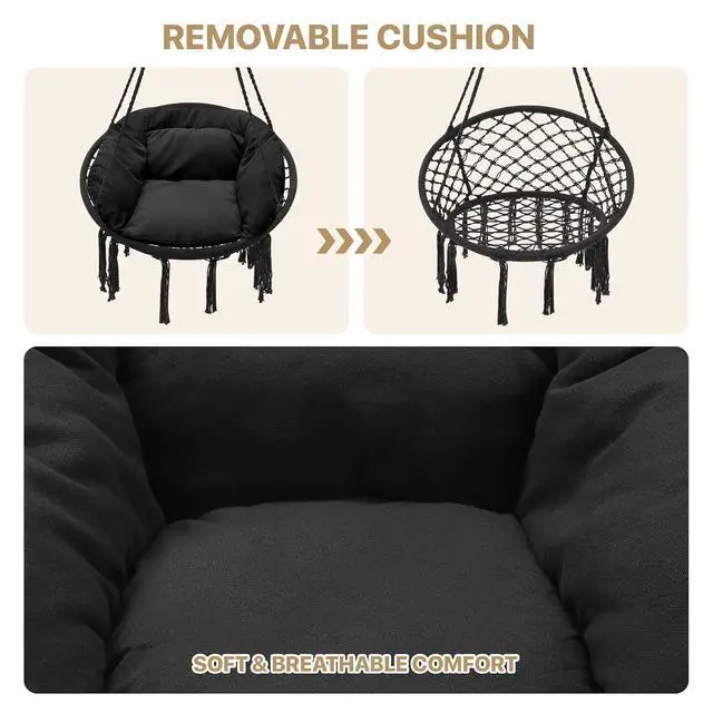 Alt view image 4 of 7 - Hanging Hammock Chair W/Large Padded Cushion, Macrame Swing Chair for Porch, Max 350 Lbs Capacity Hanging Swing for Adults & Teens, Comfy Hammock for Bedroom Relaxing Reading Napping, Black