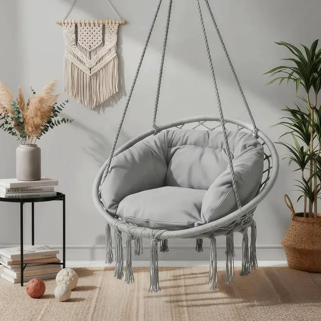 Alt view image 3 of 7 - Hanging Hammock Chair with Full Cushion, Adults Indoor Hammock Swing with Max 350 Lbs Capacity, Outdoor Macrame Hanging Chair with Boho Tassels, Home Accent Furniture Chair Swing, Grey