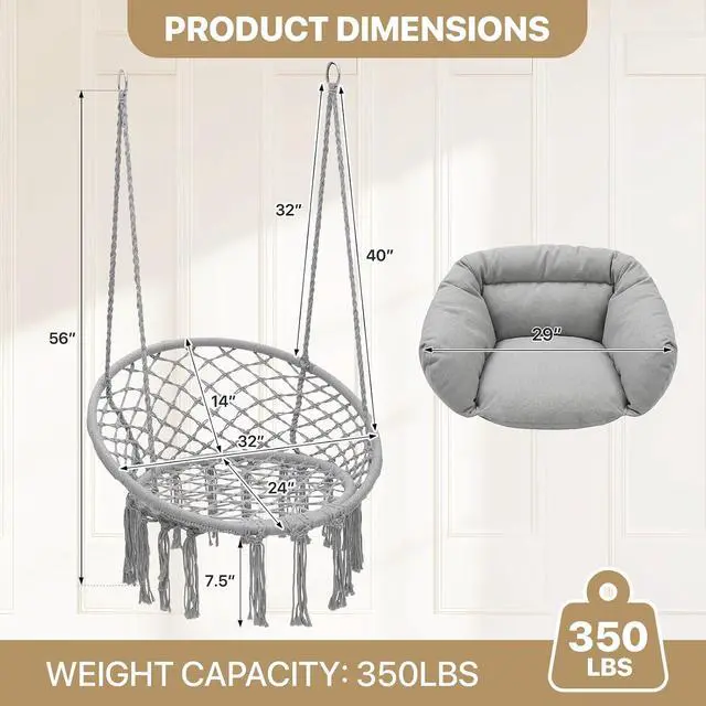 Alt view image 2 of 7 - Hanging Hammock Chair with Full Cushion, Adults Indoor Hammock Swing with Max 350 Lbs Capacity, Outdoor Macrame Hanging Chair with Boho Tassels, Home Accent Furniture Chair Swing, Grey