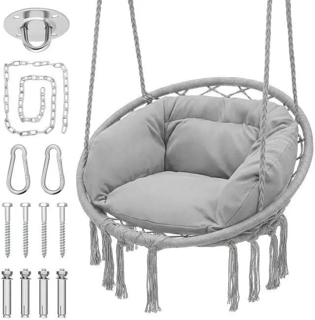 Main image of Hanging Hammock Chair with Full Cushion, Adults Indoor Hammock Swing with Max 350 Lbs Capacity, Outdoor Macrame Hanging Chair with Boho Tassels, Home Accent Furniture Chair Swing, Grey