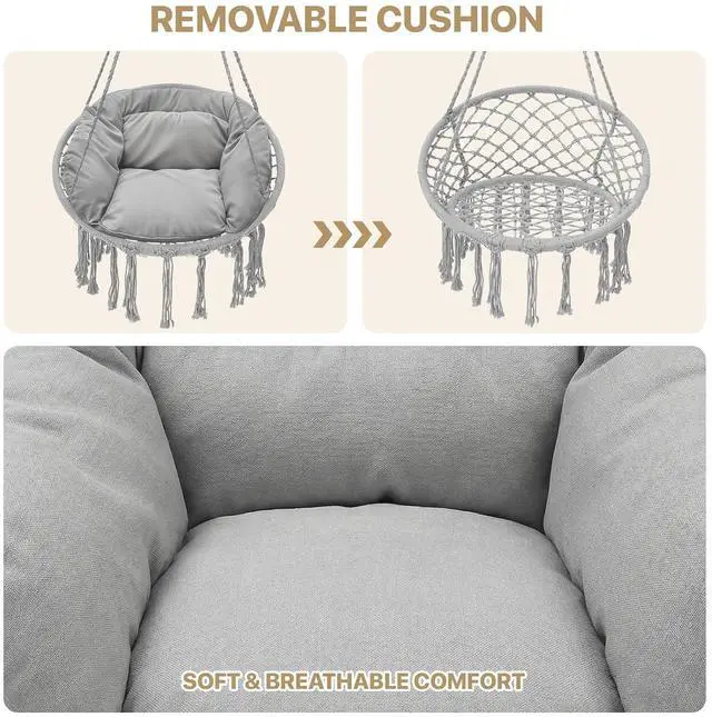 Alt view image 4 of 7 - Hanging Hammock Chair with Full Cushion, Adults Indoor Hammock Swing with Max 350 Lbs Capacity, Outdoor Macrame Hanging Chair with Boho Tassels, Home Accent Furniture Chair Swing, Grey