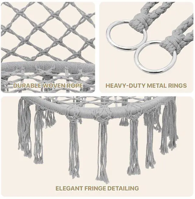 Alt view image 5 of 7 - Hanging Hammock Chair with Full Cushion, Adults Indoor Hammock Swing with Max 350 Lbs Capacity, Outdoor Macrame Hanging Chair with Boho Tassels, Home Accent Furniture Chair Swing, Grey
